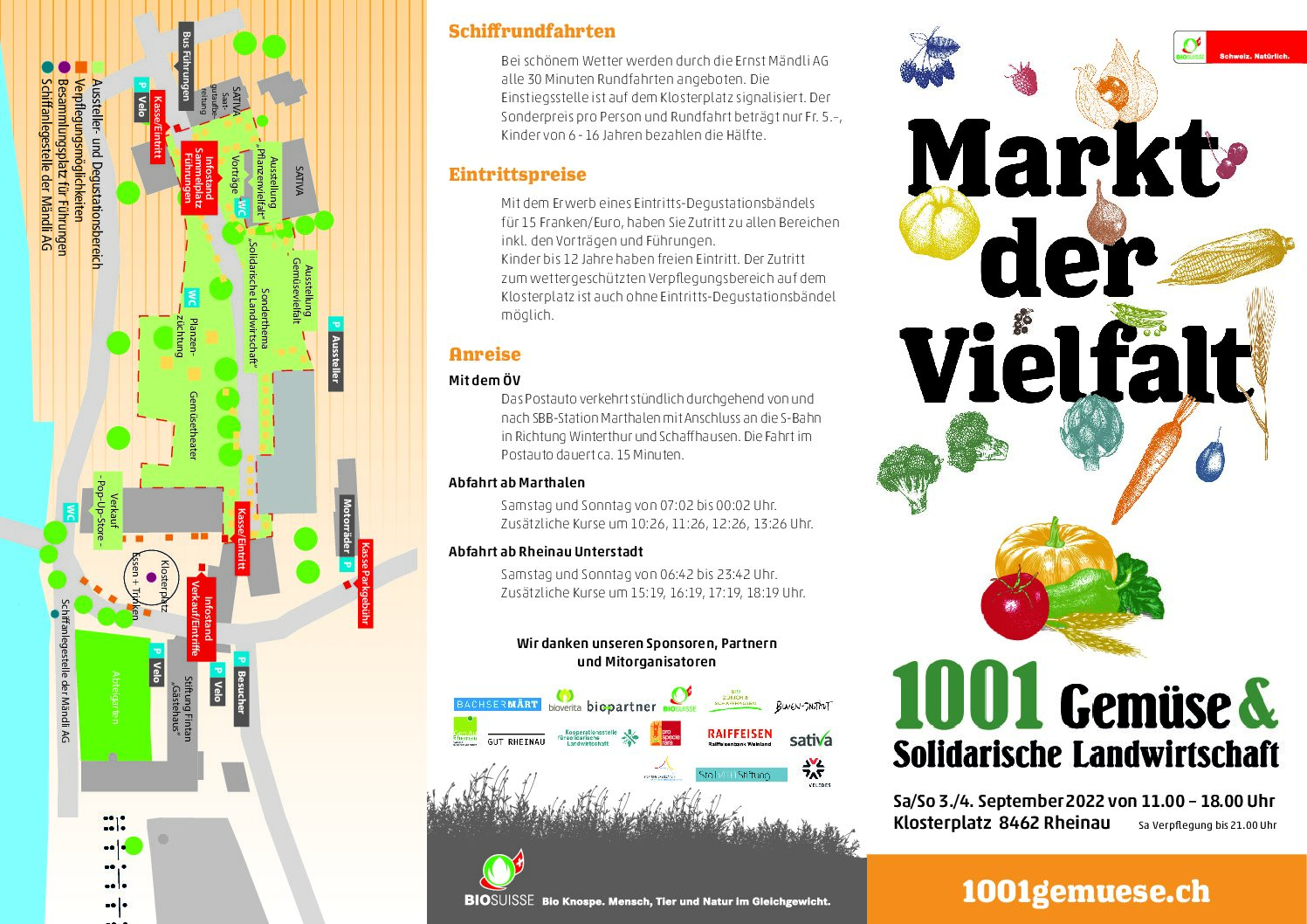 Markt der Vielfalt,  1001 Gemüse & solidarische Landwirtschaft,  Sa/So 3./4. September 2022 von 11.00 – 18.00 Uhr Klosterplatz 8462 Rheinau
